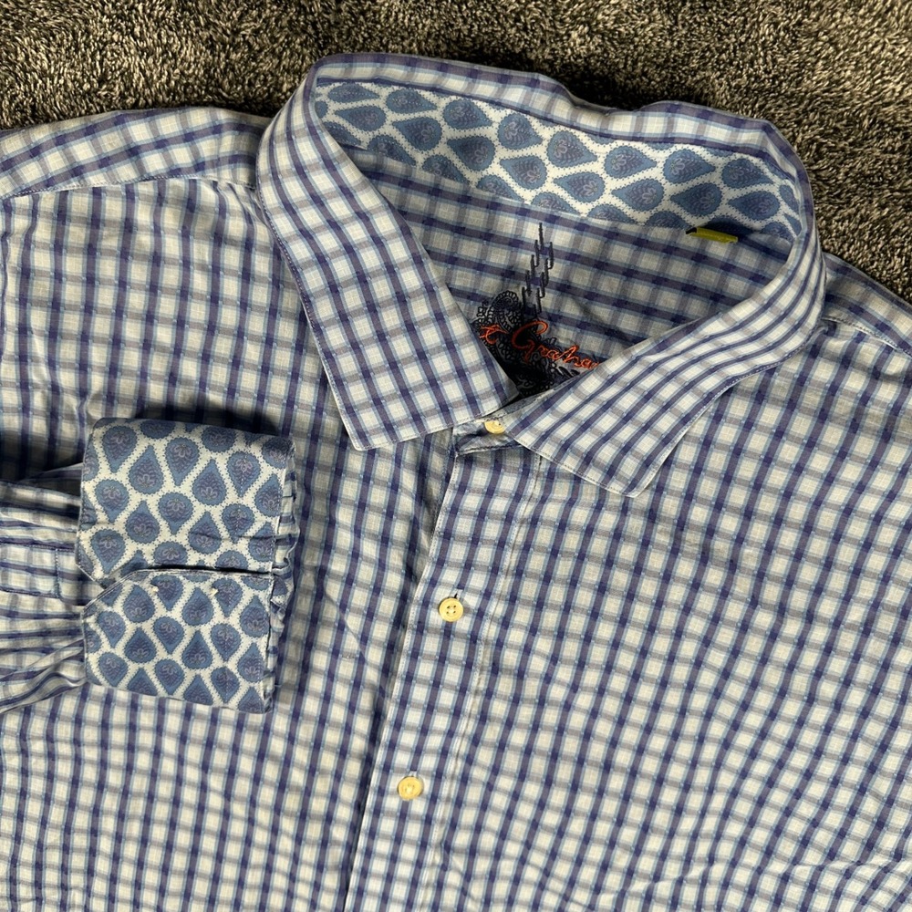 Robert Graham Shirt Mens 3XLT Blue White Checkered Paisley Contrast Cuff Tall